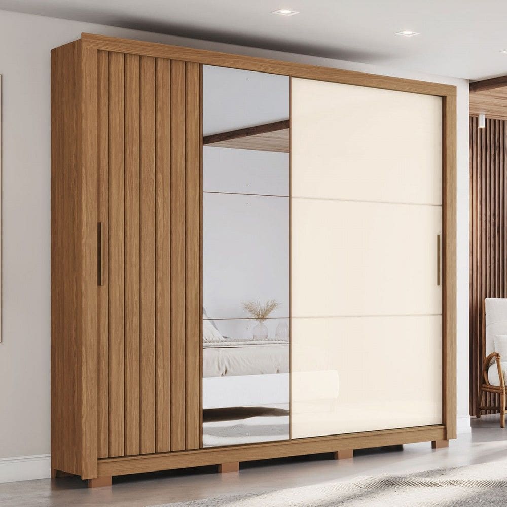 Guarda-Roupa Casal Vasti 2 Portas 4 Gavetas Ripado com Espelho Natural/Off White - Henn