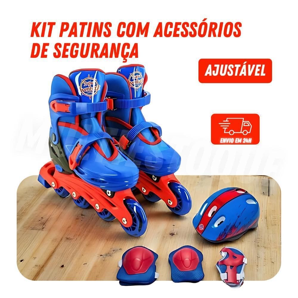Kit Patins Com Acessórios De Segurança Azul - Tam. 30-33