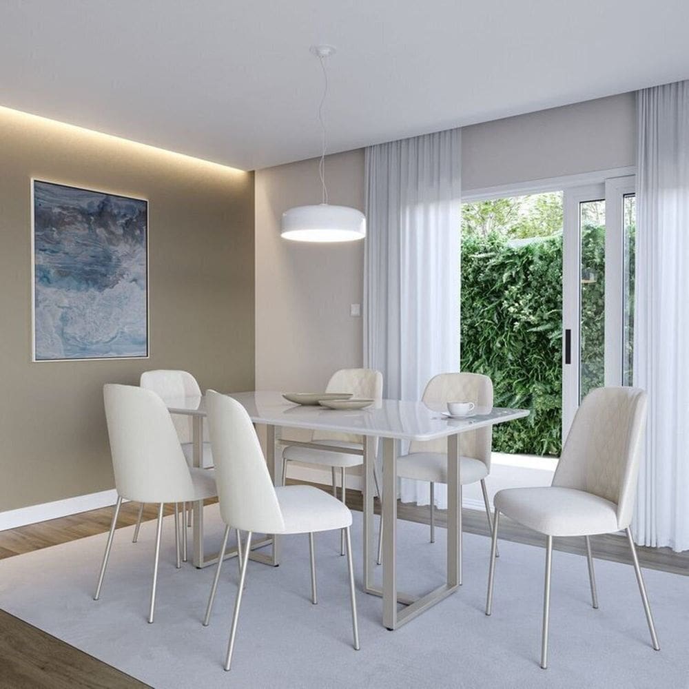 Conjunto Sala de Jantar Mesa com Tampo de Vidro 6 Cadeiras Arcádia Off White Fosco/Champanhe