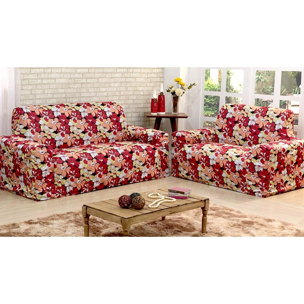 Capa De Sofá Adere Floral Vermelho 02 E 03 Lugares [F101]
