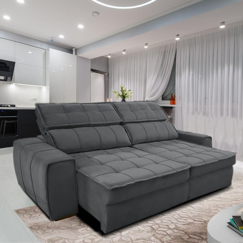 Sofá 254 Cm 3 Lugares Retrátil Reclinável Matielo América Cinza