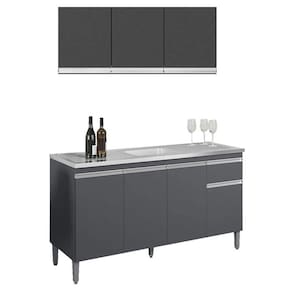 Balcão de Pia Tatiane 145 cm e Armário Aéreo Andréia 3 Portas 120 cm Cinza Fosco – AJL