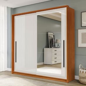 Guarda-Roupa Casal Valência 2 Portas 2 Gavetas com Espelho Freijó/Branco - Politorno