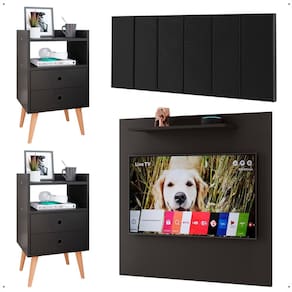 Kit 2 Mesinhas Apoio Preto Painel Tv 32 Polegadas Prateleira Suspensa Cabeceira Cama Box Queen Size 1,60 Suede - Lojas RPM