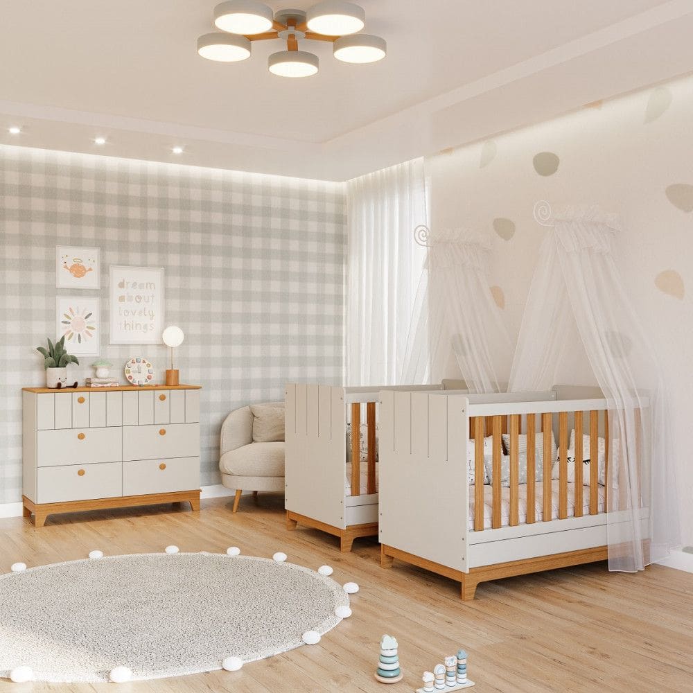 Quarto Bebê Gêmeos com 2 Berços Mini Cama e Cômoda Liza Permobili