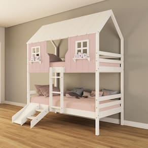 Beliche Casinha Encantada com Kit Escada/ Escorregador Madeira Maciça Rosa/ Branco Housin