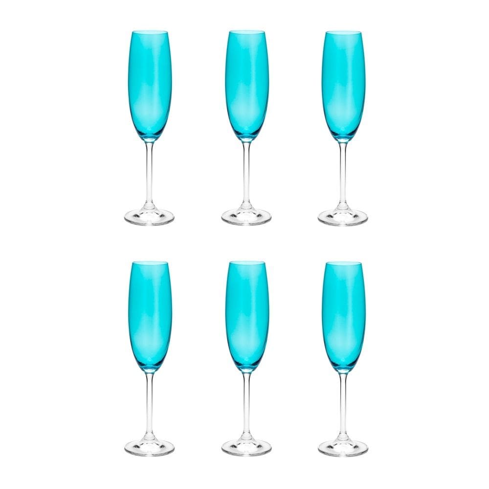 Cj 6 Taças de Cristal P/Champagne Colibri Turquesa 220ml Bohemia