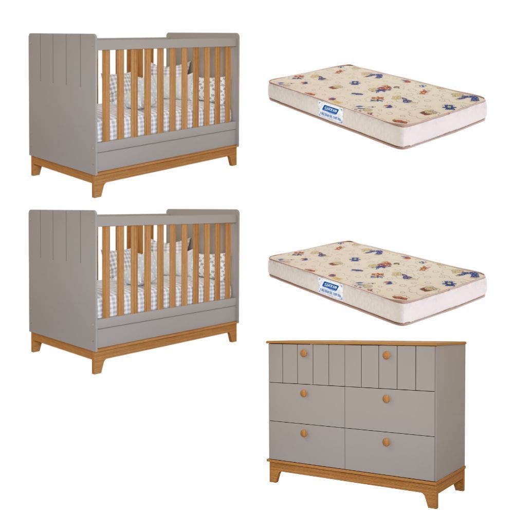 Quarto Bebê Gêmeos Berço Mini Cama Cômoda Liza e 2 Colchões Gazin Permobili