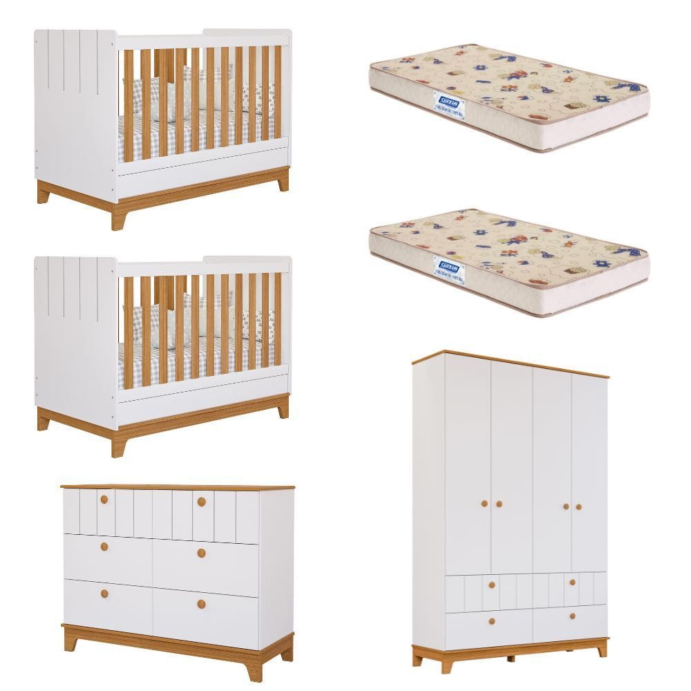 Quarto Bebê Gêmeos com 2 Berços Mini Cama Cômoda e Guarda Roupa Liza Permobili e 2 Colchões Gazin