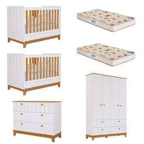 Quarto Bebê Gêmeos com 2 Berços Mini Cama Cômoda e Guarda Roupa Liza Permobili e 2 Colchões Gazin