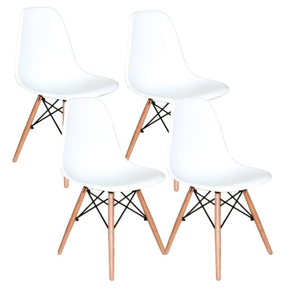 Conjunto 4 Cadeiras Eiffel Moderna Pé Palito Branca Base Madeira