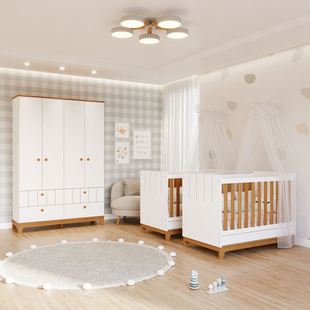 Quarto Bebê Gêmeos com 2 Berços Mini Cama e Guarda Roupa Liza Permobili