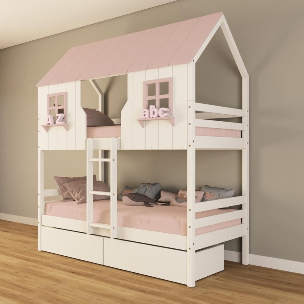 Beliche Casinha Encantada com 02 Gavetas Madeira Maciça Branco/ Rosa Housin