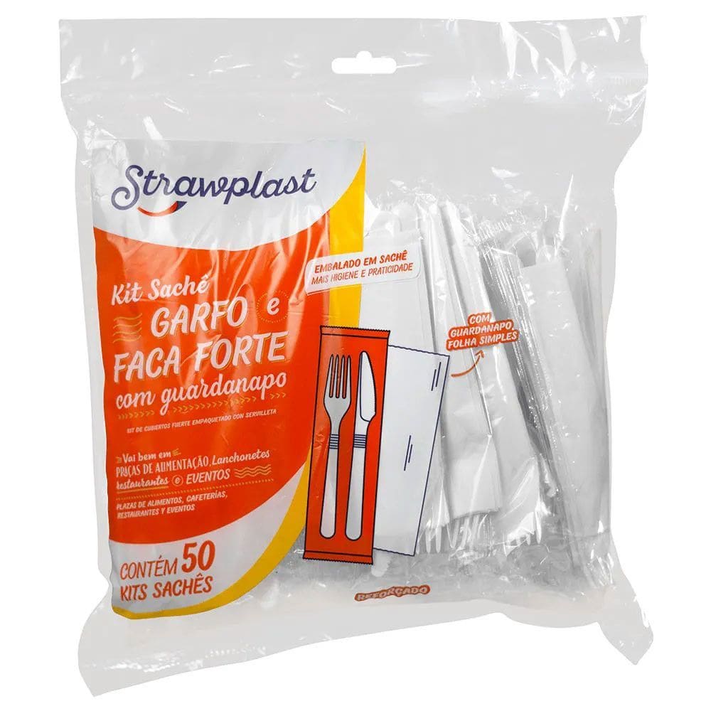Kit Talher Sache Garfo e Faca Forte Branco c/ Guardanapo c/50 - Strawplast
