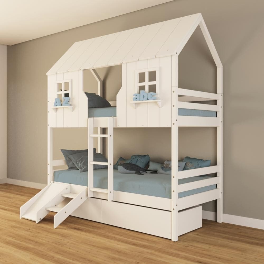 Beliche Casinha Encantada com 02 Gavetas Kit Escada/ Escorregador Madeira Maciça Branco Housin