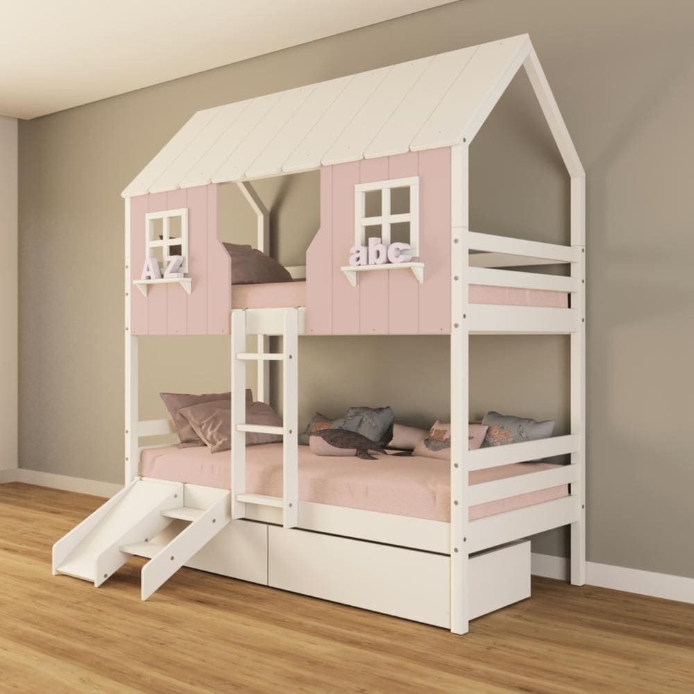 Beliche Casinha Encantada com 02 Gavetas Kit Escada/ Escorregador Madeira Maciça Rosa/ Branco Housin