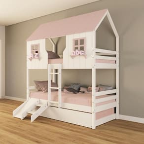 Treliche Casinha Encantada com Kit Escada/ Escorregador Madeira Maciça Branco/ Rosa Housin