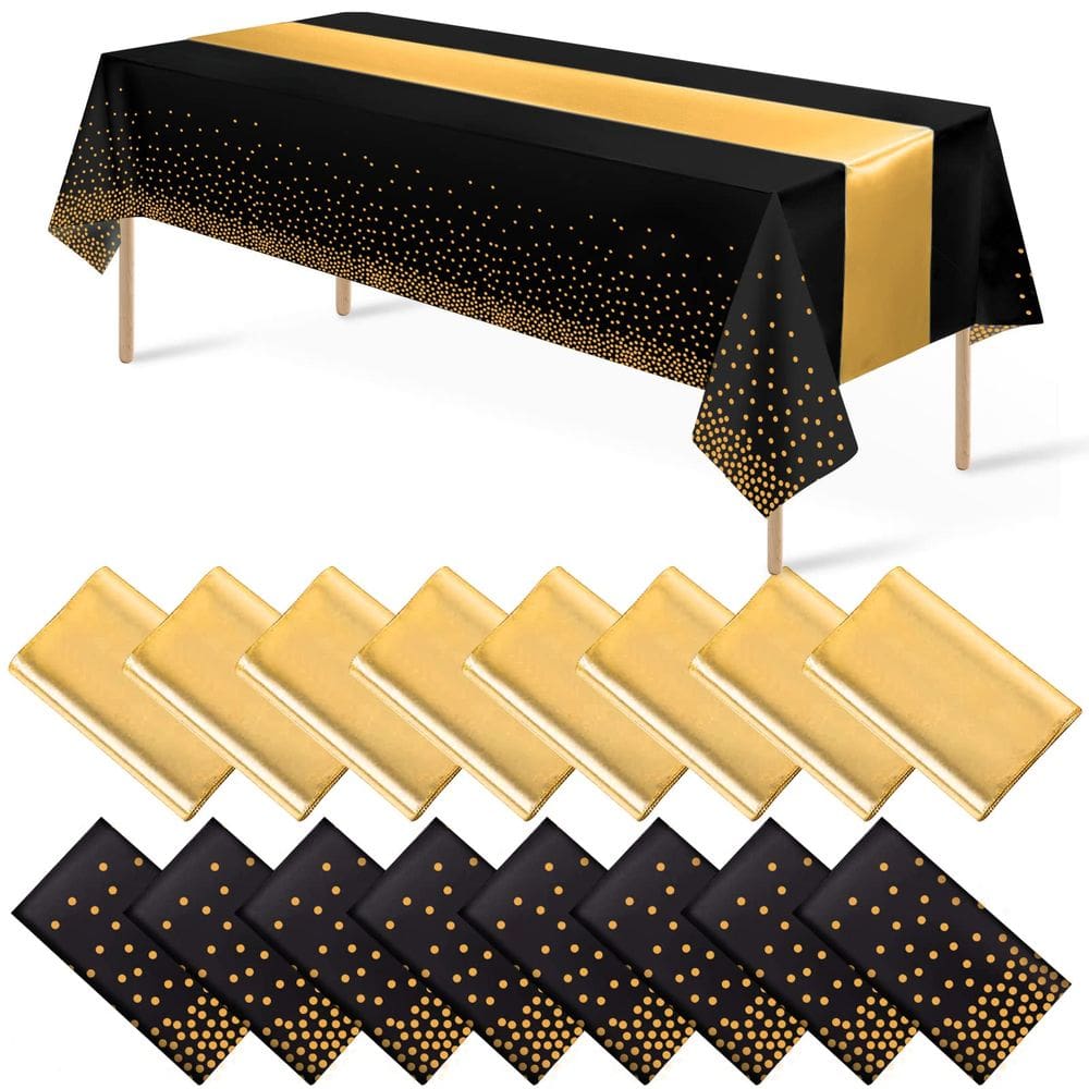 Conjunto de toalhas de mesa e corredores de mesa, pacote com 16 unidades em ouro preto para festa