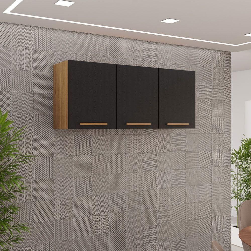 Armário Aéreo Triplo New Valência 120cm Salleto Cinamomo Com Preto