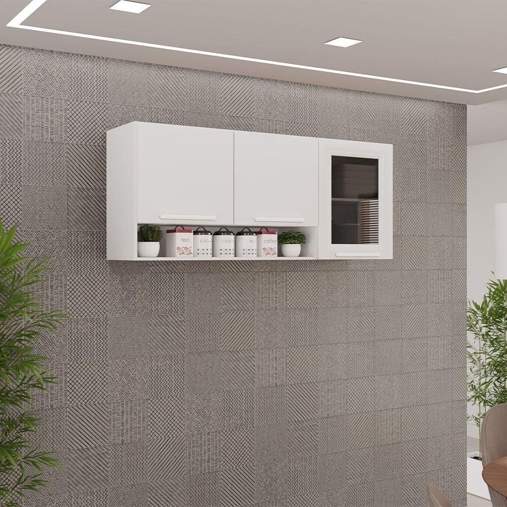 Armário Aéreo New Valência 3 Portas Vidro Fumê Salleto Branco