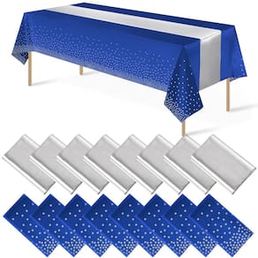 Conjunto de toalhas de mesa e corredores de mesa, pacote com 16 unidades azul/prata para festa
