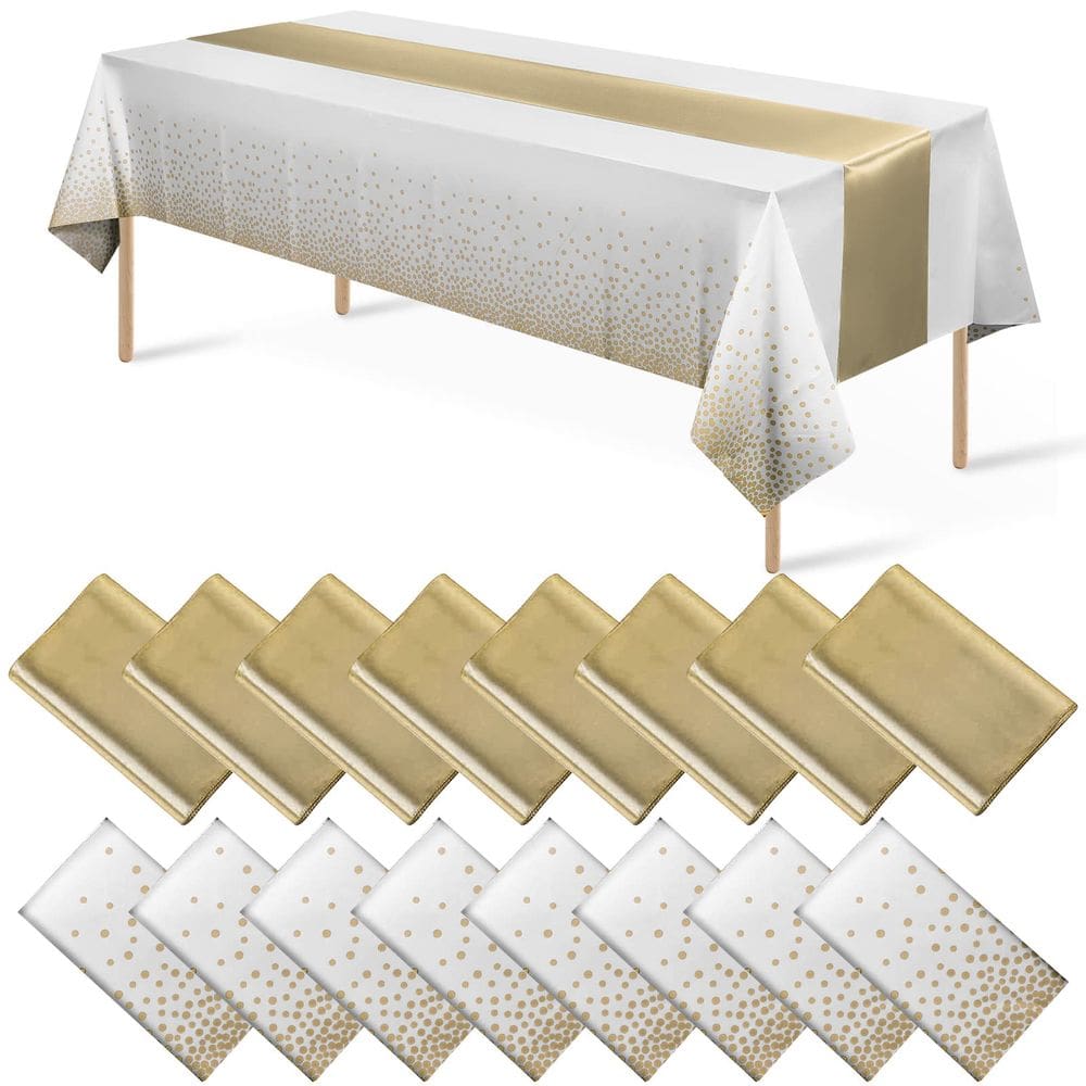 Conjunto de toalhas de mesa e corredores de mesa, pacote com 16 unidades, branco/dourado para festa