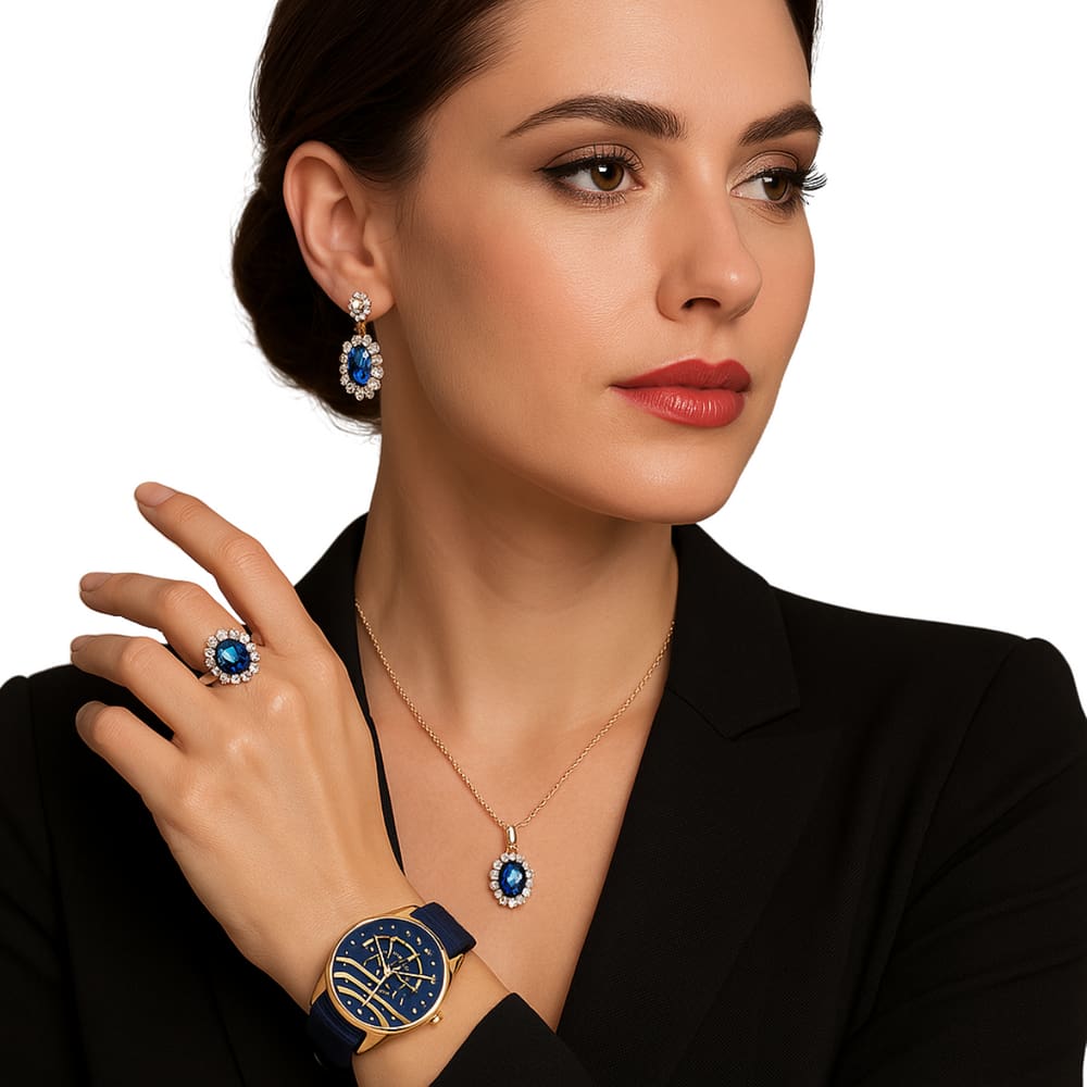 Relógio Feminino Azul Marinho + Kit Acessórios Luxuoso Colar Brincos Anel