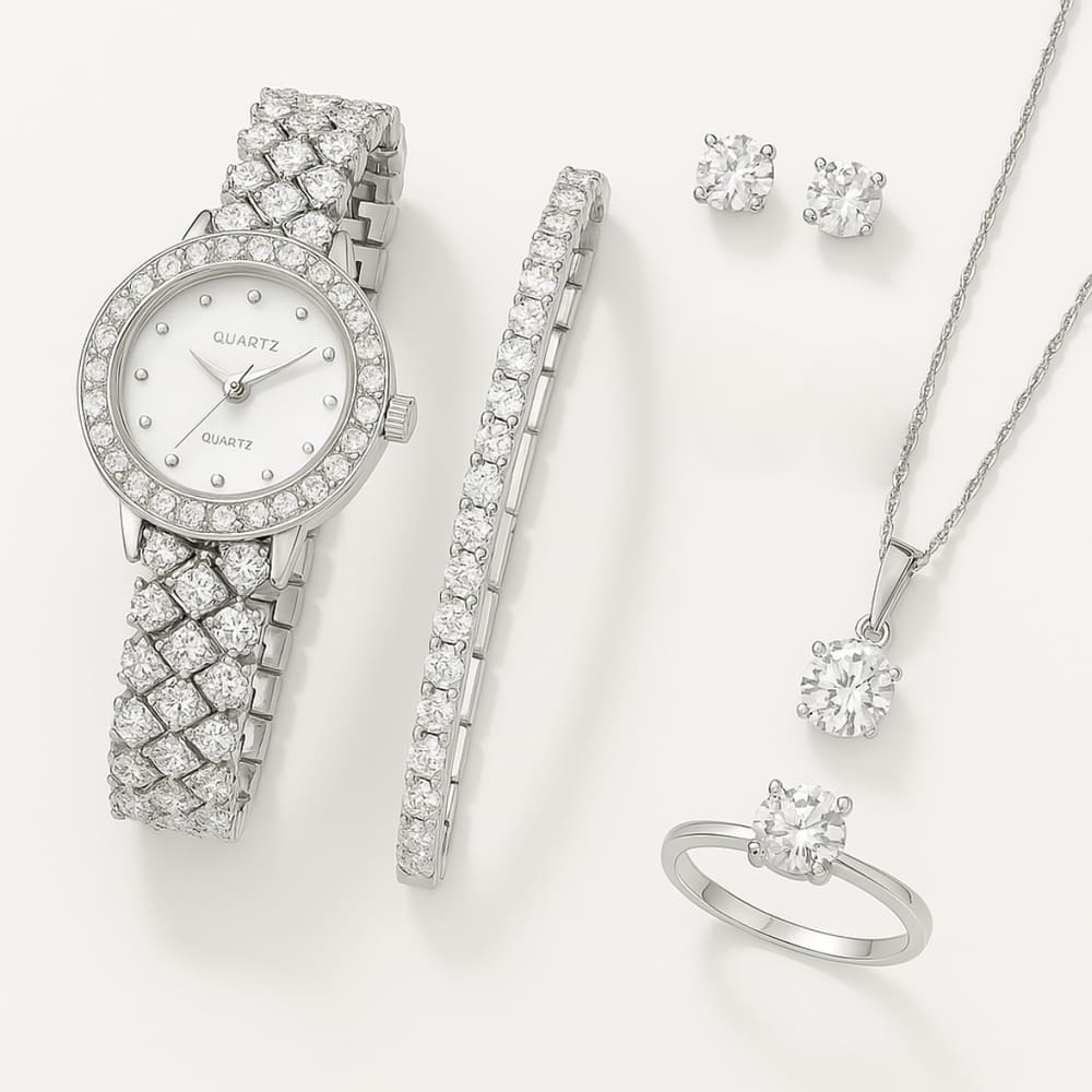 Kit Relógio Feminino Strass Luxo + 5 Acessórios Colar Brinco Cor Da Correia Prateado Cor Do Bisel Prateado Cor Do Fundo Branco