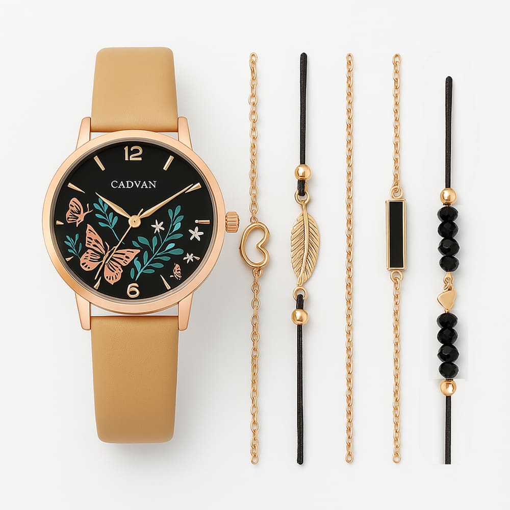 Relógio Feminino Vinkin Dourado Borboleta + Kit 5 Pulseiras