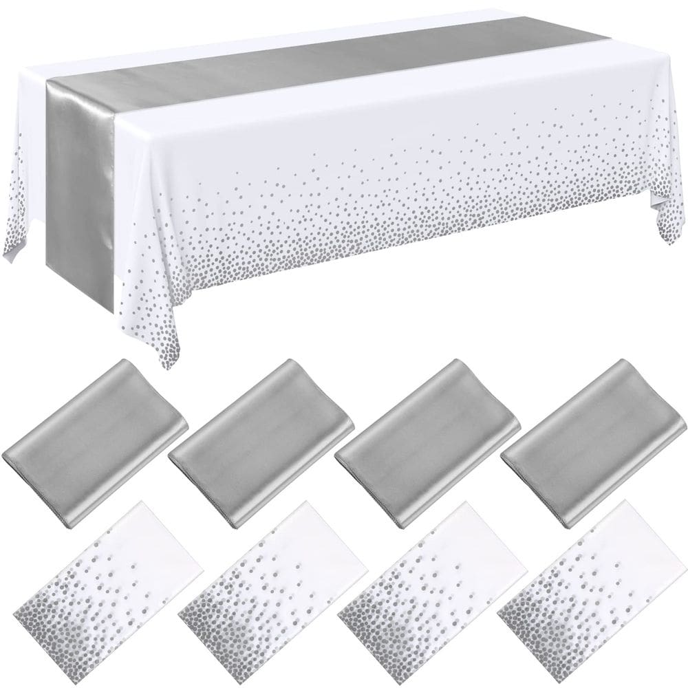 Conjunto de toalhas de mesa Breling, pacote com 8 unidades, branco/prateado, plástico/cetim