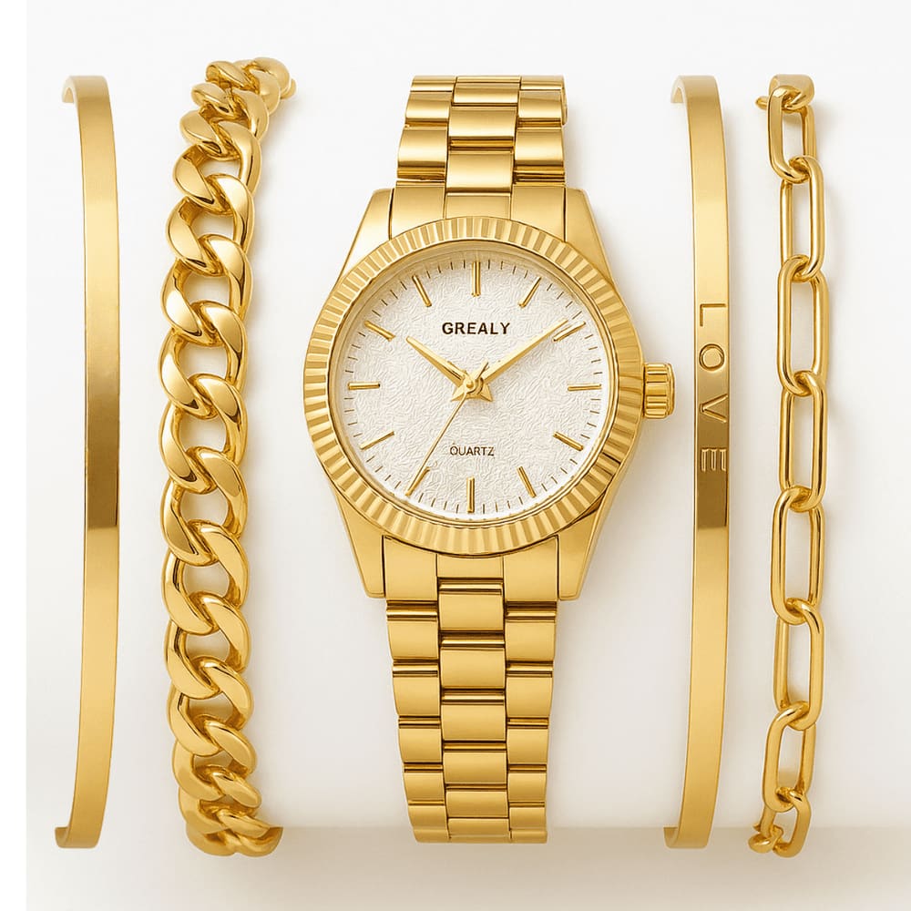 Relógio Feminino Dourado Minimalista Grealy + Kit Pulseiras