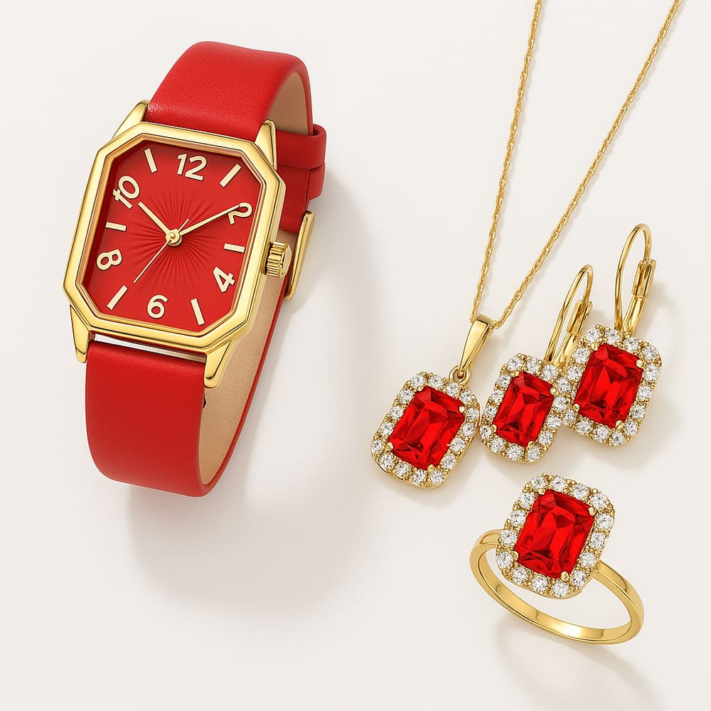Relógio Feminino Vermelho Luxo + Colar Brinco Anel
