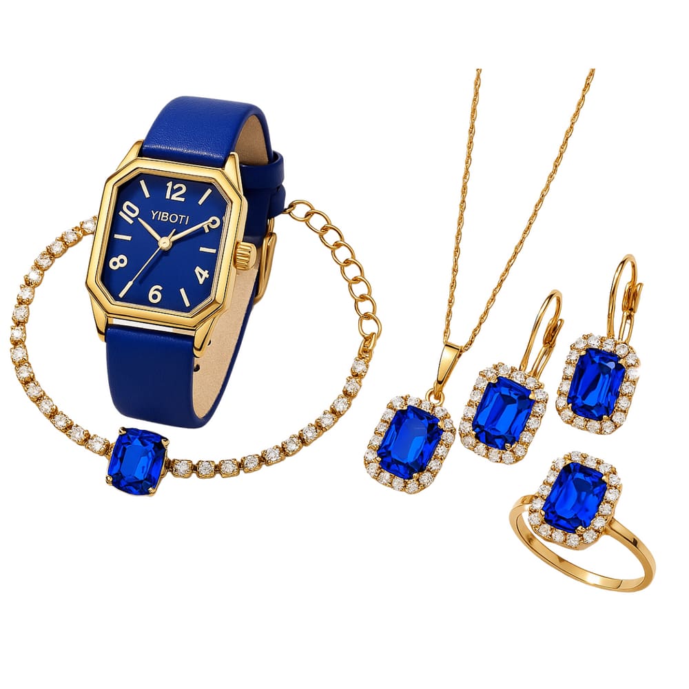 Relógio Feminino Azul Alto Luxo + Colar Brinco Anel