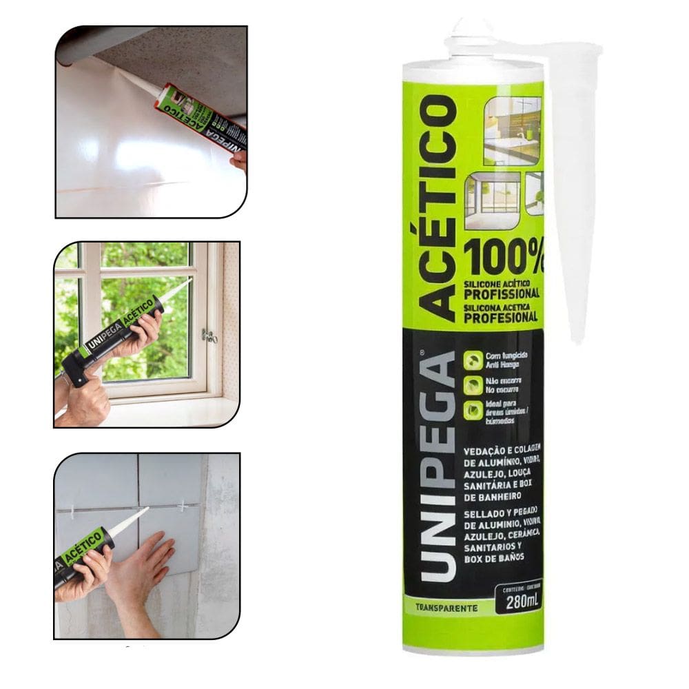 Silicone Acético 100% Profissional Incolor Vedação Colagem Pia Box 280ml Unipega