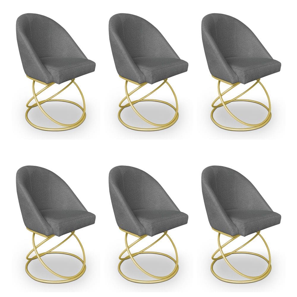 Kit 06 Cadeiras Poltrona de Jantar Bela Linho Grafite Base Metálica Luxo Dourado - Pallazio