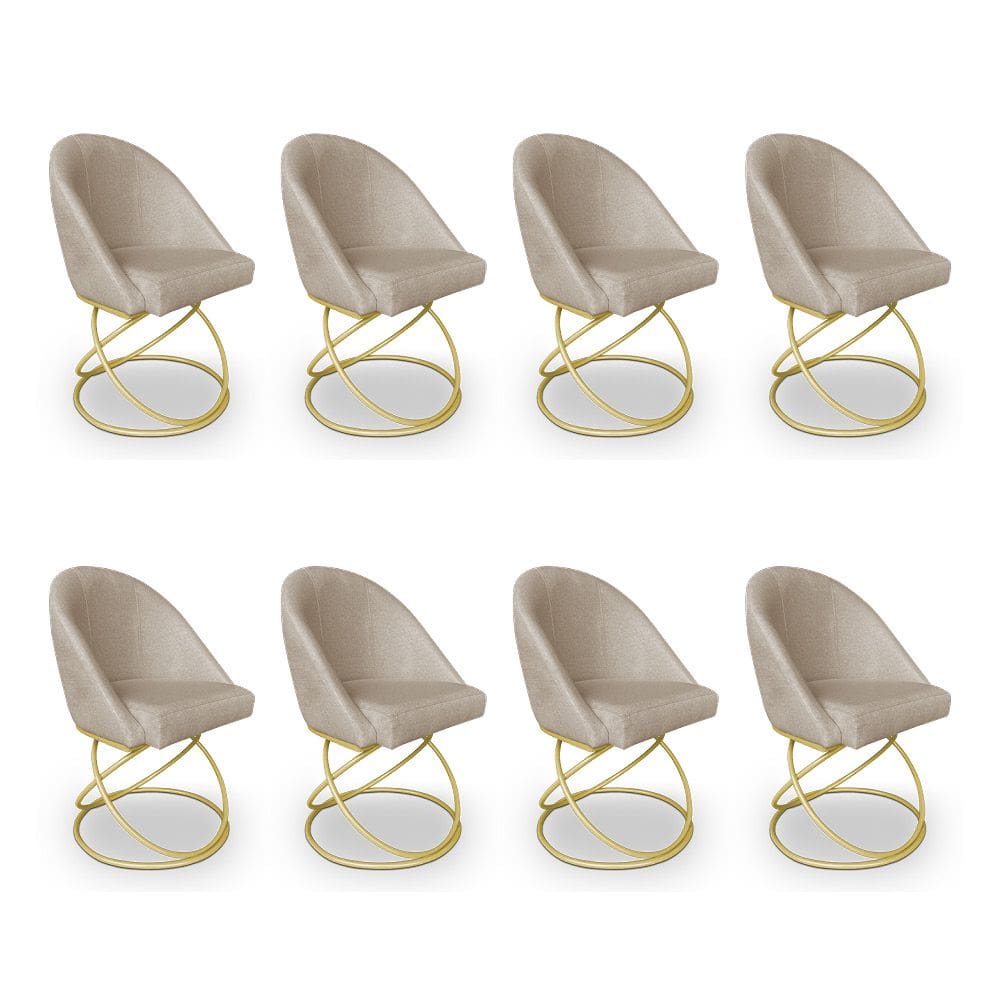 Kit 08 Cadeiras Poltrona de Jantar Bela Linho Bege Base Metálica Luxo Dourado - Pallazio