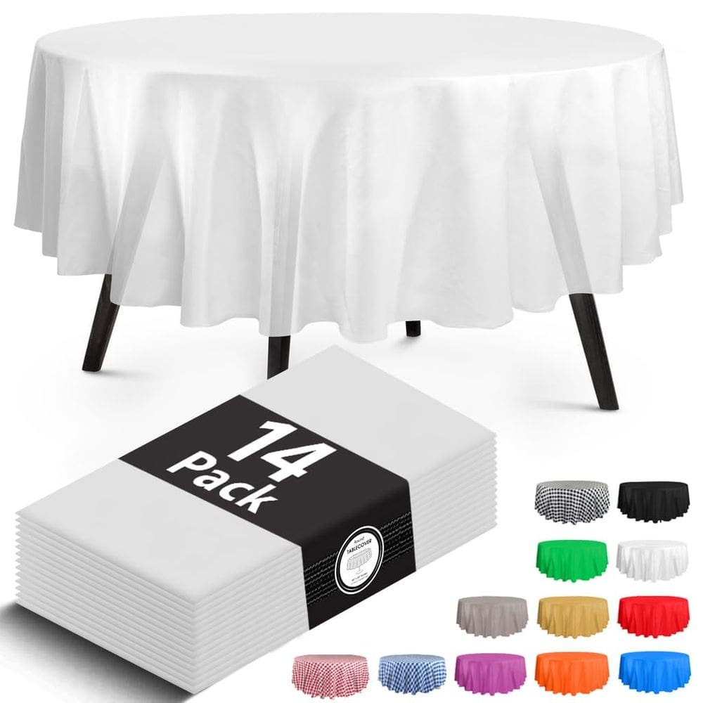 Toalha de mesa HSGUS Premium redonda de plástico branco 213x213cm, pacote com 14