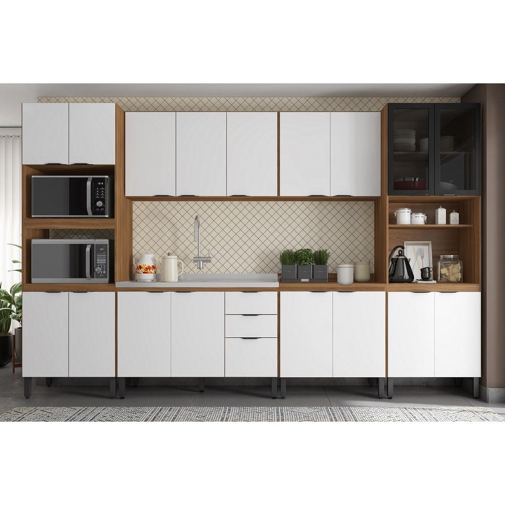 Jogo de Cozinha Modulada 340m Firenze com Balcão 120m Para Pia Sem Tampo - Amêndola Touch/ Branco Demóbile