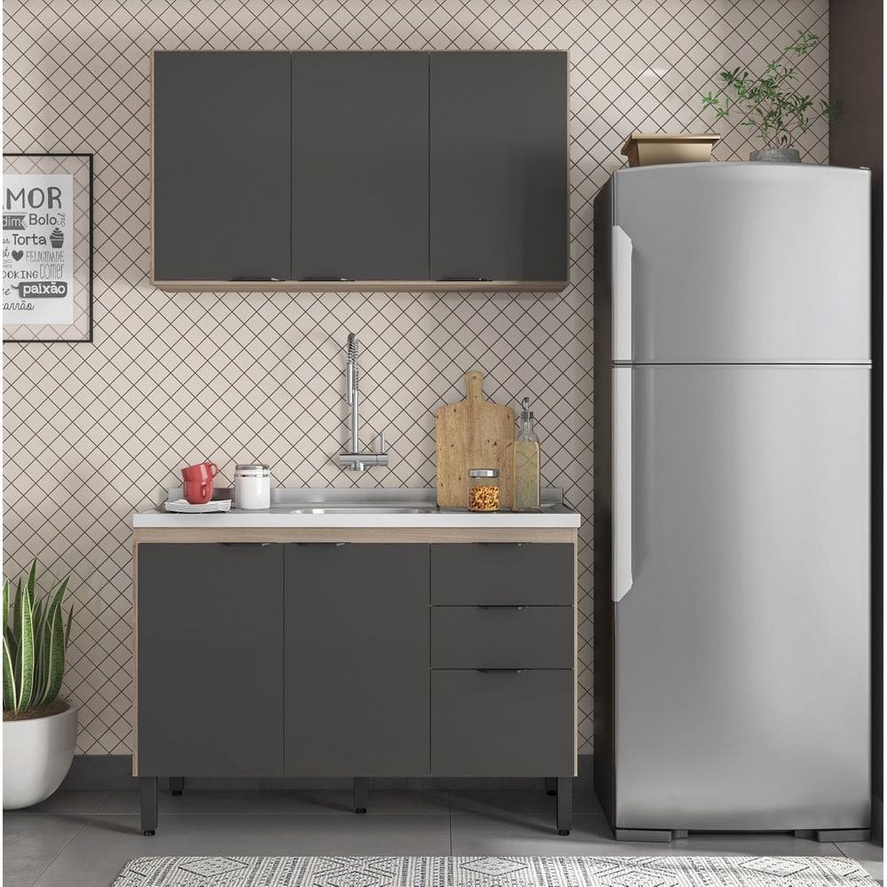 Kit Cozinha Firenze Balcão Para Pia 120m sem Tampo e Armário Suspenso 3 Portas - Avena Touch/ Grafito Demóbile