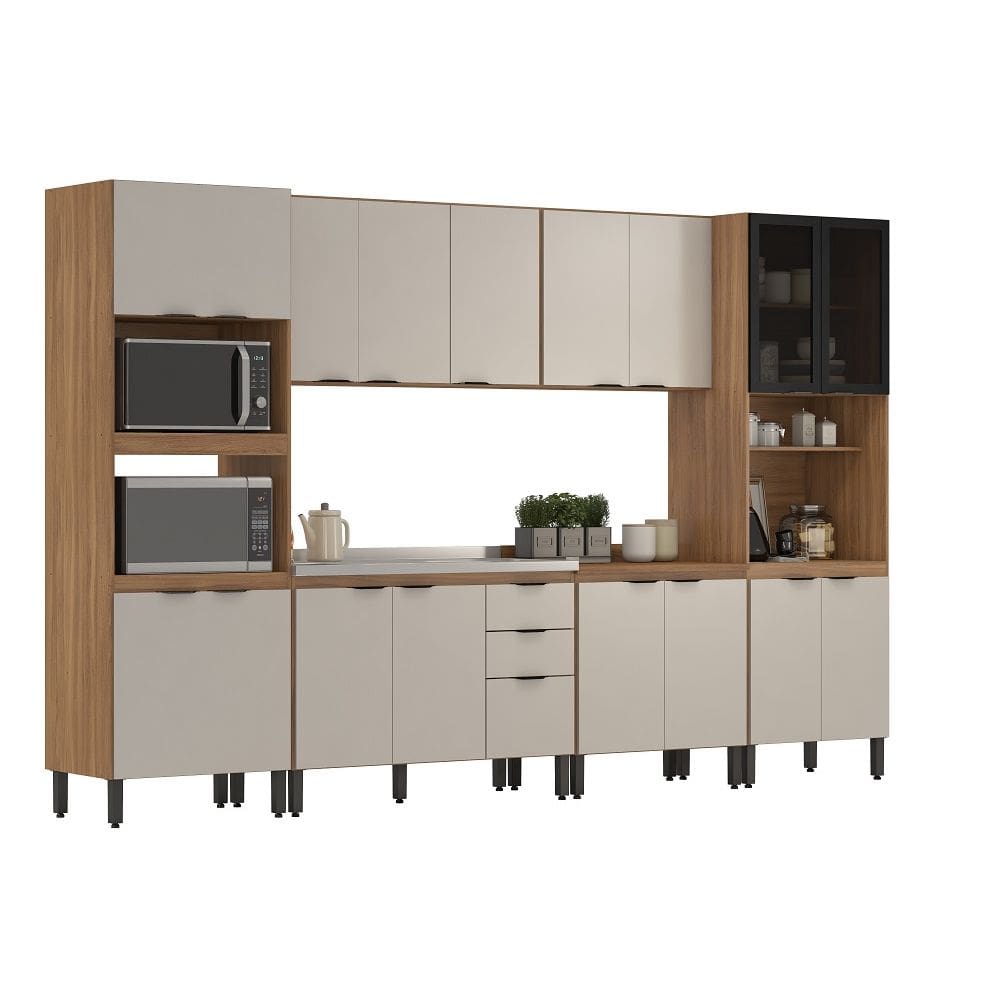 Jogo de Cozinha Modulada 340m Firenze com Balcão 120m Para Pia Sem Tampo - Amêndola Touch/ Nude Prime TX Demóbile 