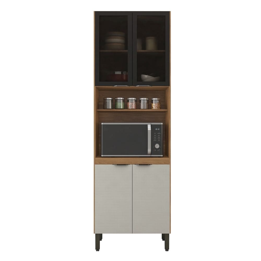 Paneleiro 2 Portas Vidro Moldurado e 2 Portas MDP Com Nicho P/ Forno Firenze - Amêndola Touch/ Nude Prime TX Demóbile