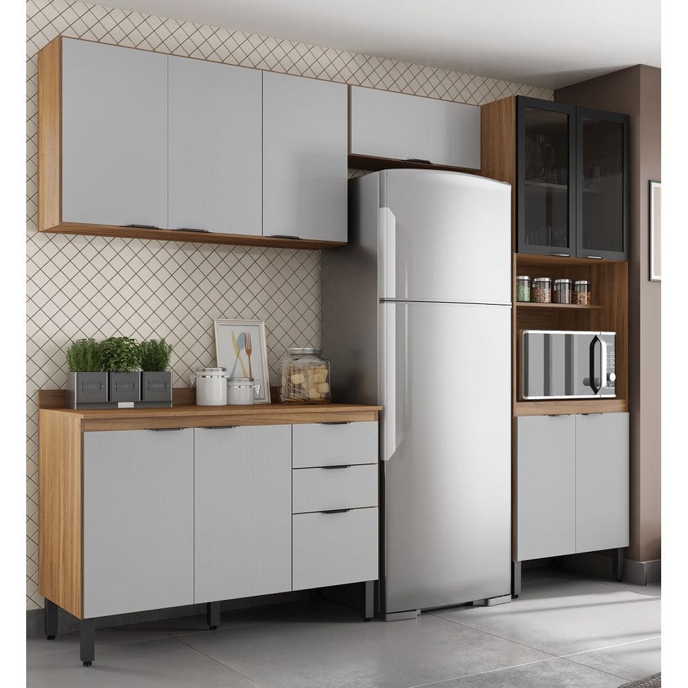 Cozinha Firenze Modulada 5 peças com Paneleira 2 Portas de Vidro fumê - Amêndola Touch/ Nude Prime TX Demóbile