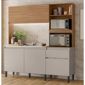 Kit Cozinha Compacta 5 Portas 1 Gaveta com Balcão de Pia 120m sem Tampo/Cuba Amaranto - Amêndola Touch/ Nude Prime TX Demóbile