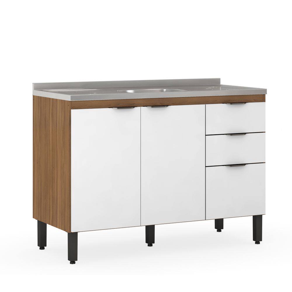 Balcão de Pia 120m Firenze com 3 Portas 2 Gavetas Sem Tampo/Cuba - Amêndola Touch/ Branco Demóbile