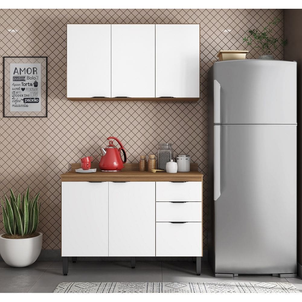 Kit Cozinha Firenze 3 peças Balcão 120m com Tampo MDP E Armário 3 Portas Suspenso - Amêndola Touch/Branco Demóbile