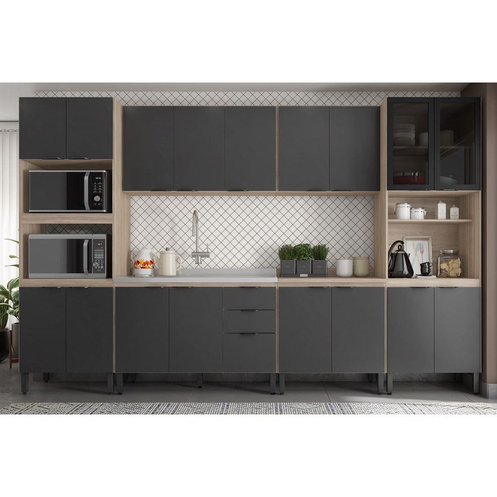 Jogo de Cozinha Modulada 340m Firenze com Balcão 120m Para Pia Sem Tampo - Avena Touch/ Grafito Demóbile