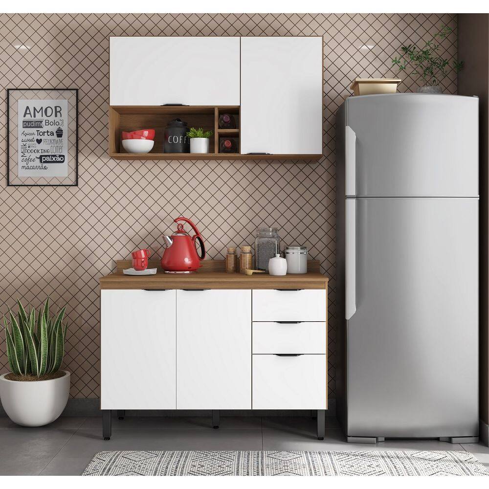 Balcão Firenze 120m com Tampo MDP e Armário Suspenso 2 Portas e Nicho porta Temperos e Garrafas - Amêndola Touch/Branco Demóbile