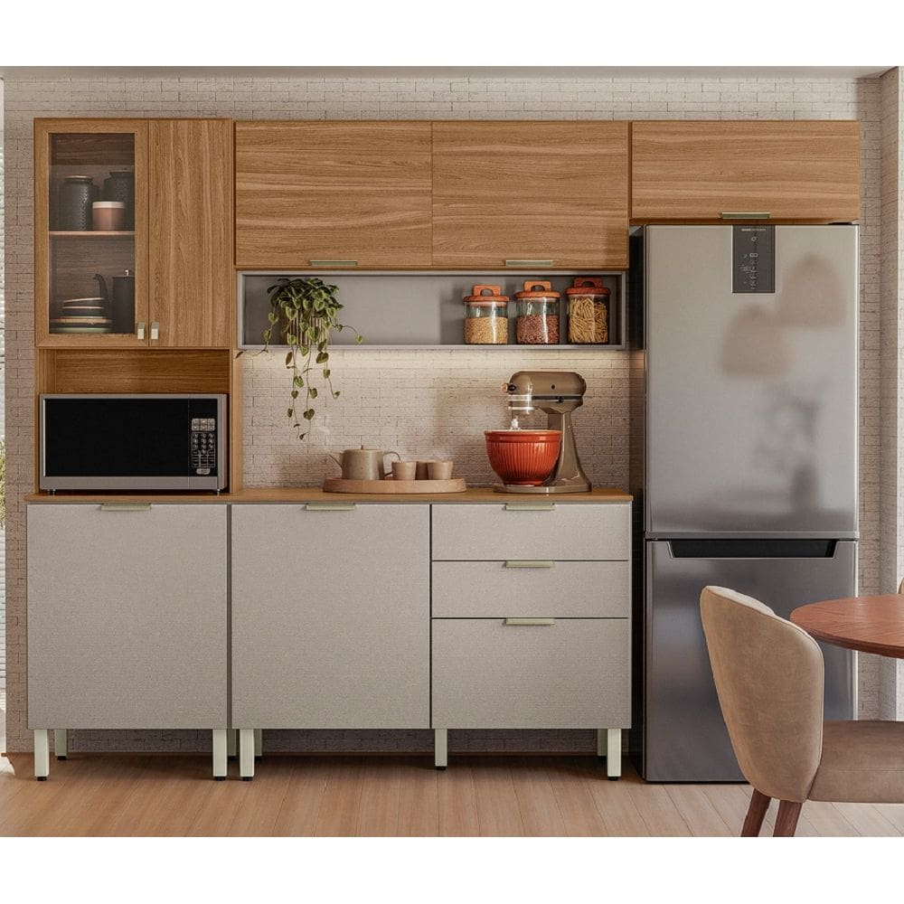 Kit de Cozinha Compacta Alba com Balcão 120m com Tampo MDP - Amêndola Touch/ Nude Prime TX Demóbile