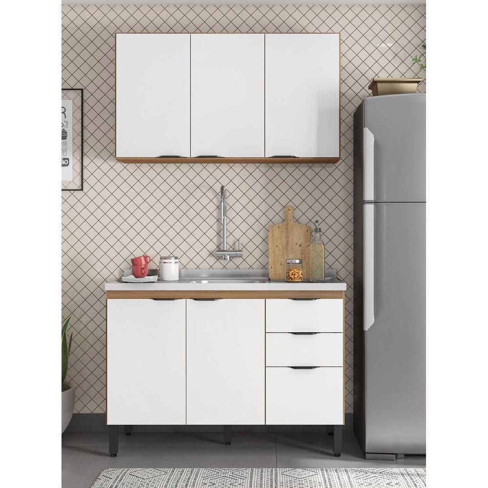 Kit Cozinha Firenze Balcão Para Pia 120m sem Tampo e Armário Suspenso 3 Portas -  Amêndola Touch/Branco Demóbile