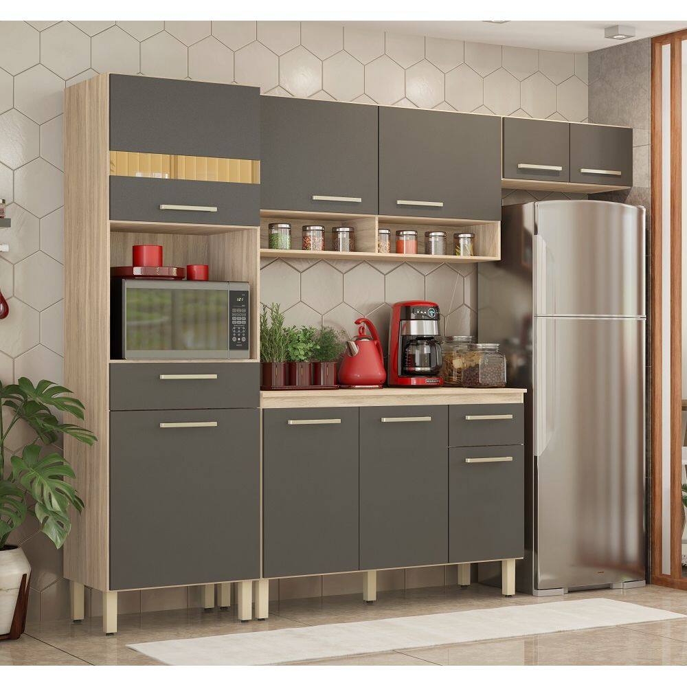 Cozinha Compacta 3 peças com Balcão c/ Tampo MDP 120m Dama - Amêndola Touch/Grafito Demóbile